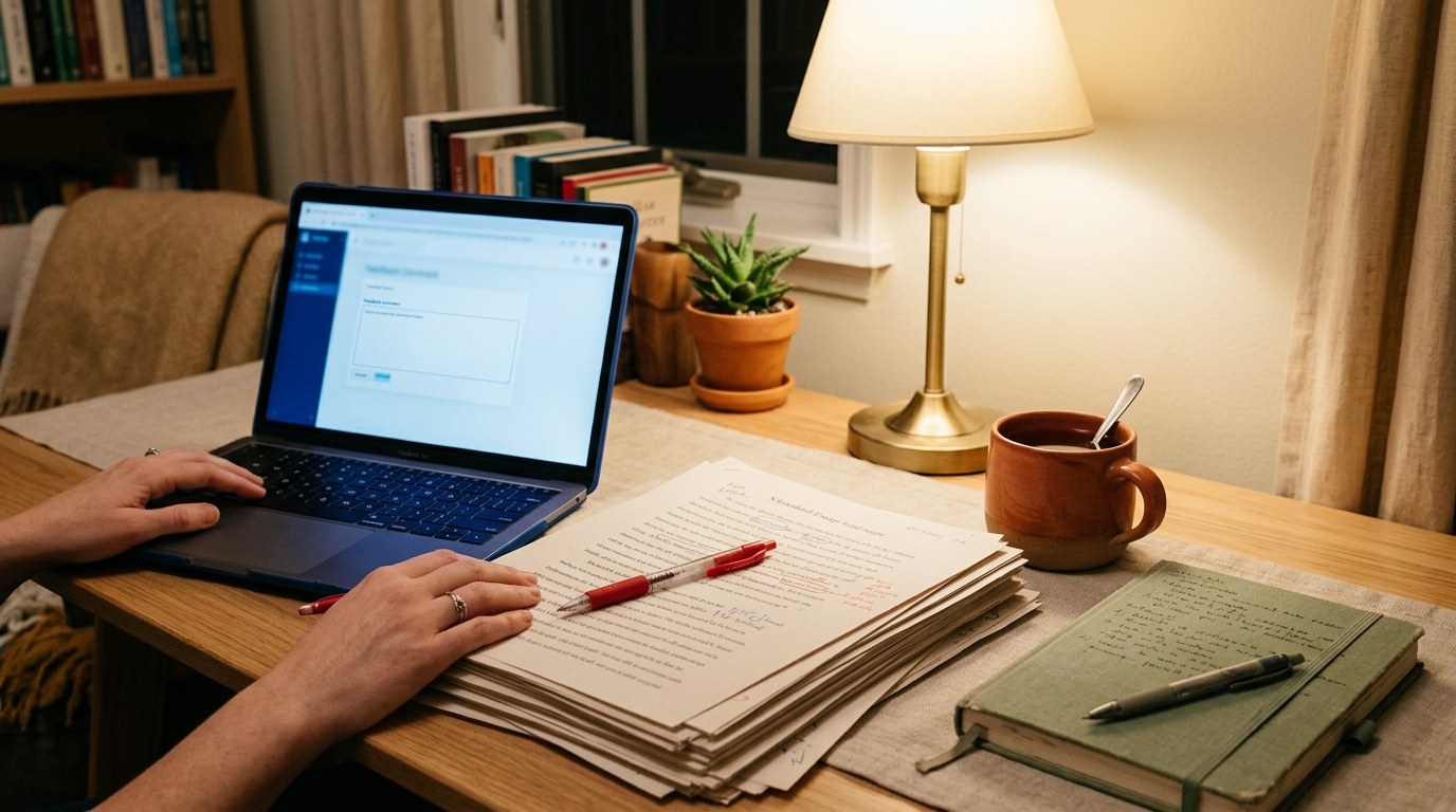 Evening desk scene with stacked student essays, a red pen, laptop open for feedback, terracotta mug of tea