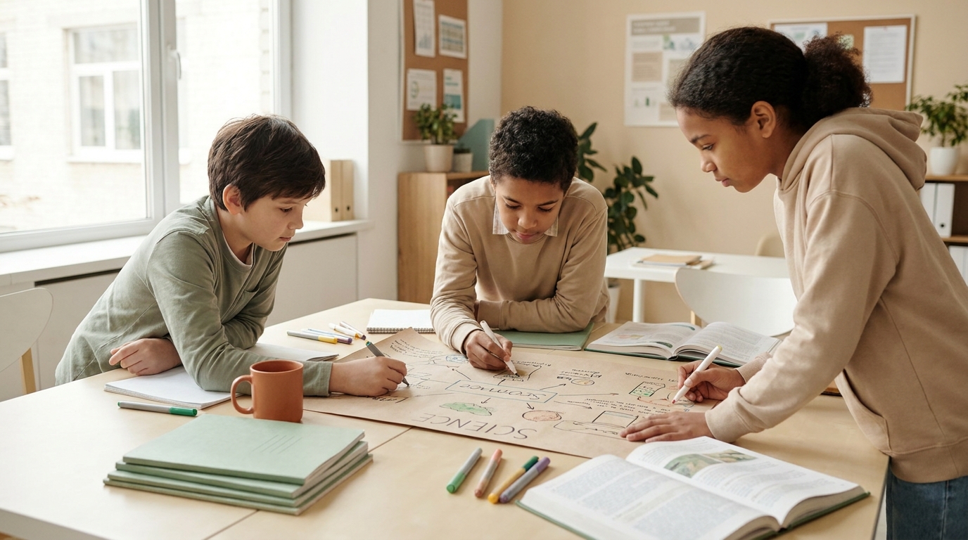 Students collaborating on a group project at a cream classroom table, warm natural light, sage folders and terracotta accents