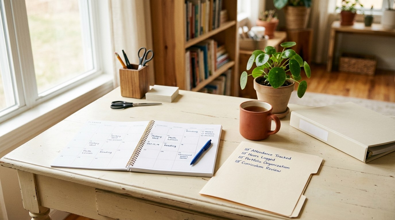 Parent-teacher at a cream kitchen table planning a homeschool year with a state requirements folder, sage plant, morning light