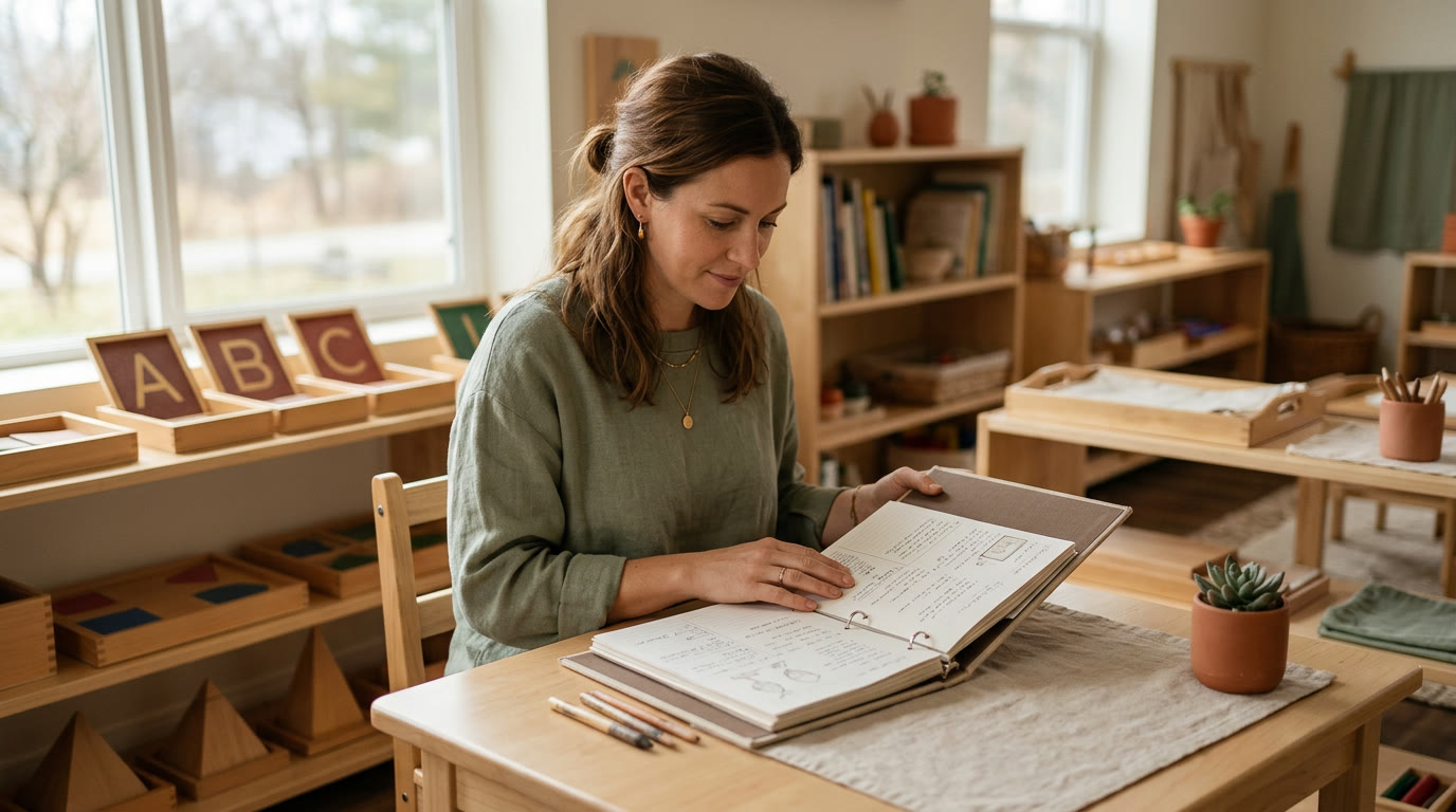 Montessori guide reviewing an album binder at a cream desk with sandpaper letters visible, warm natural light, sage accents