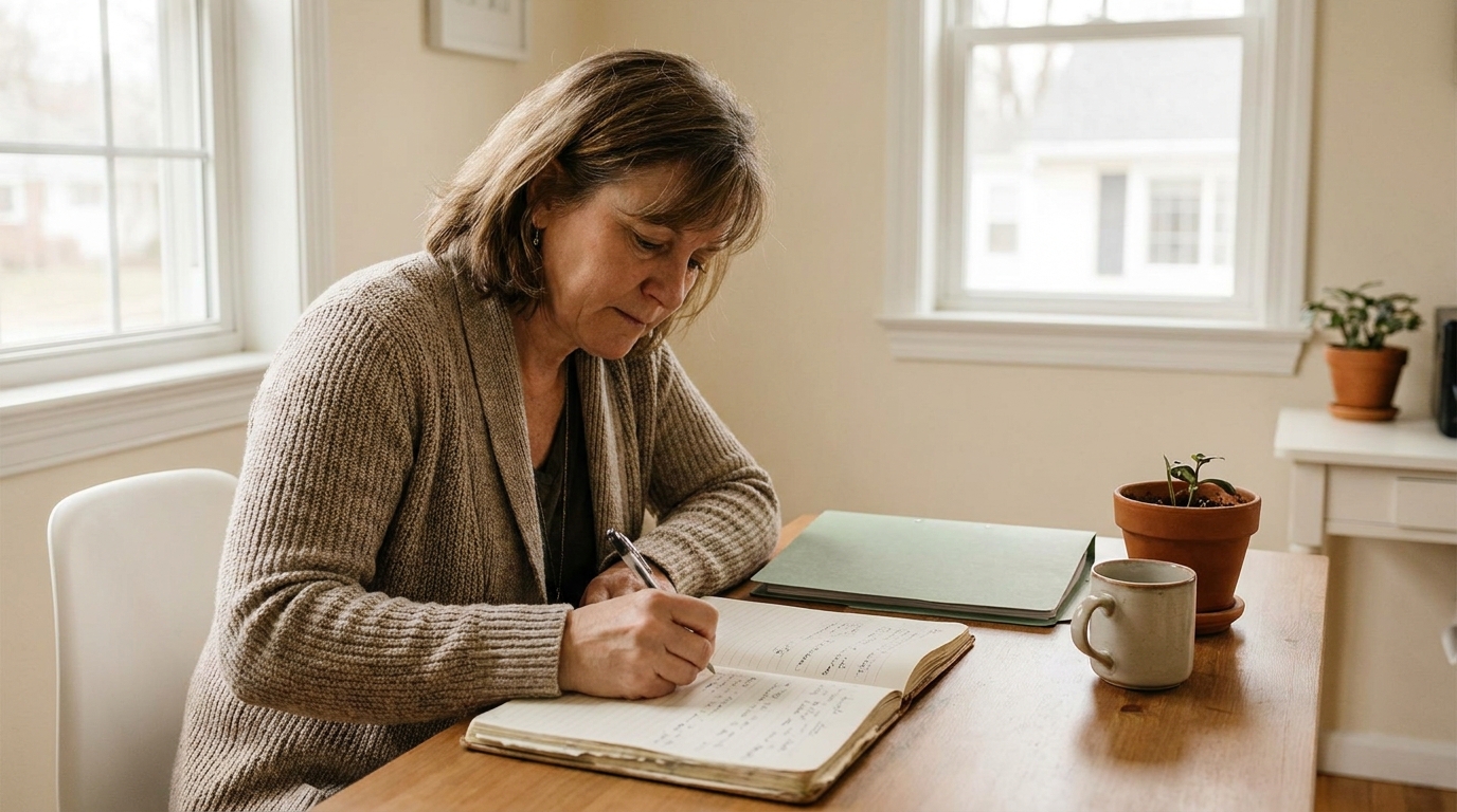 Teacher writing dated notes after a phone call at a cream desk, natural light, sage folder and terracotta accents