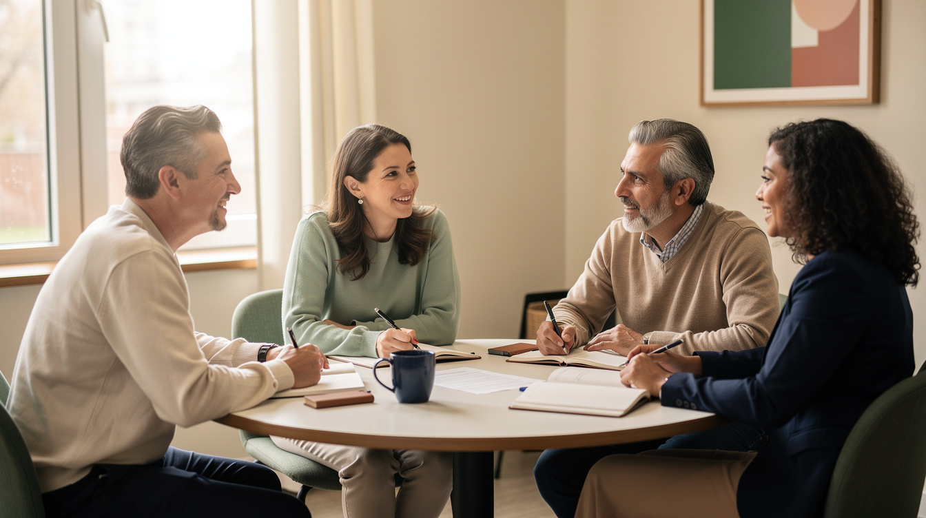 Small group of teachers around a table with notebooks and a laptop during a meeting, warm natural light, cream and sage tones