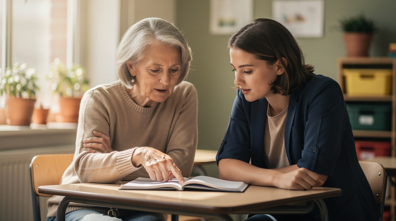 Two teachers reviewing notes together at a classroom table between periods, warm natural light, cream and sage tones