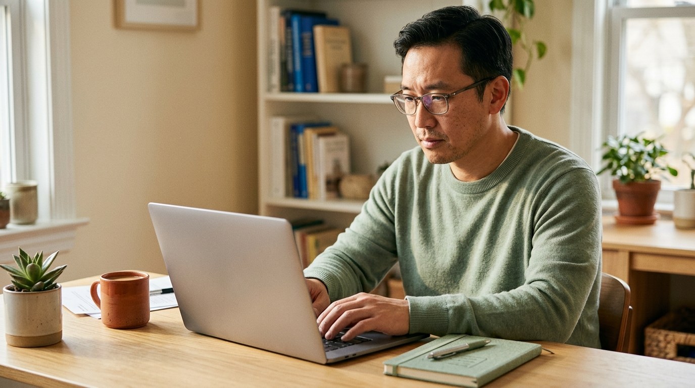 Teacher composing a careful parent email on a laptop at a warm cream home desk, sage notebook nearby
