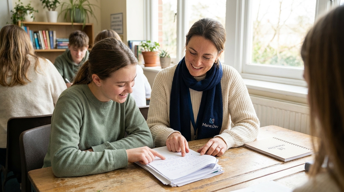 Teacher sitting with a student looking at peer feedback comments together, natural classroom light, cream and sage tones