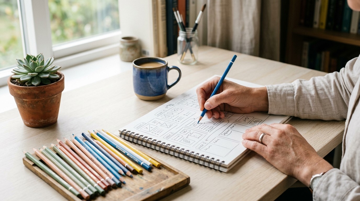 Teacher sketching a main lesson block plan in a blank-page notebook with watercolor pencils, cream desk, natural morning light