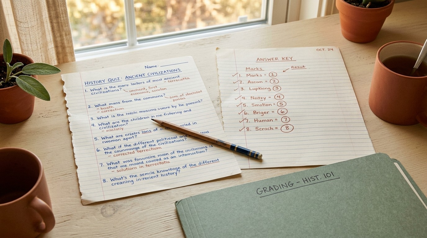 Handwritten quiz draft and answer key on a cream desk, pencil, sage folder, natural window light