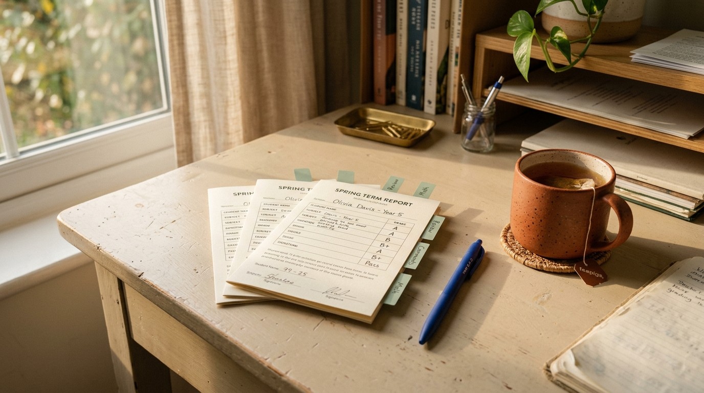 Stack of report cards with a pen and sticky flags on a cream desk, terracotta mug, warm afternoon light