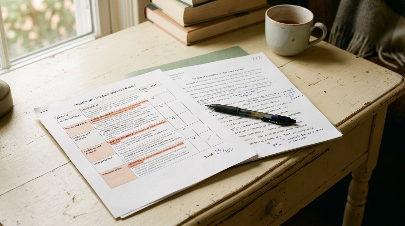 Graded rubric sheet with highlighted criteria on a cream desk, terracotta pen, soft afternoon light