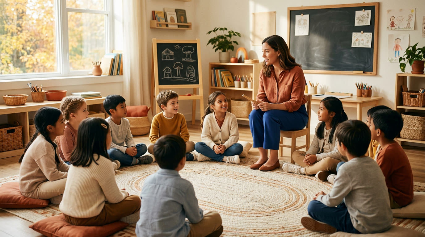 Students sitting in a circle on a classroom rug during a morning meeting, teacher leading from a low chair, warm cream and terracotta tones