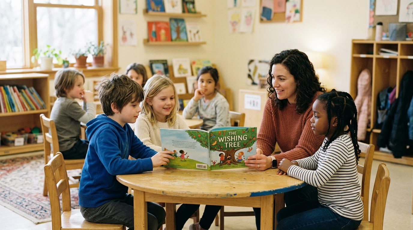 Teacher working with a small group of students at a reading table, cream and terracotta tones, natural window light