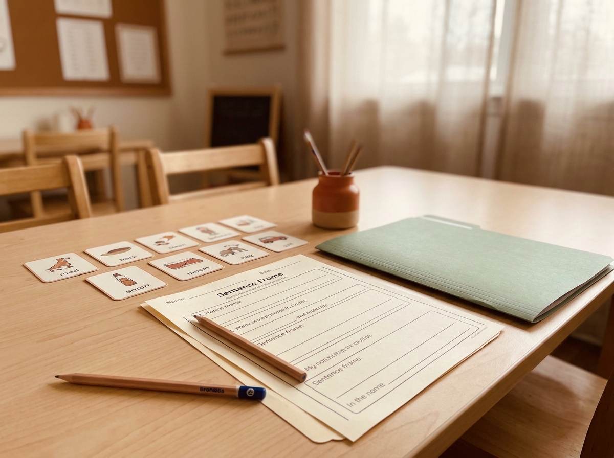 Small vocabulary cards and a sentence-frame worksheet on a classroom table, sage folder, soft morning light