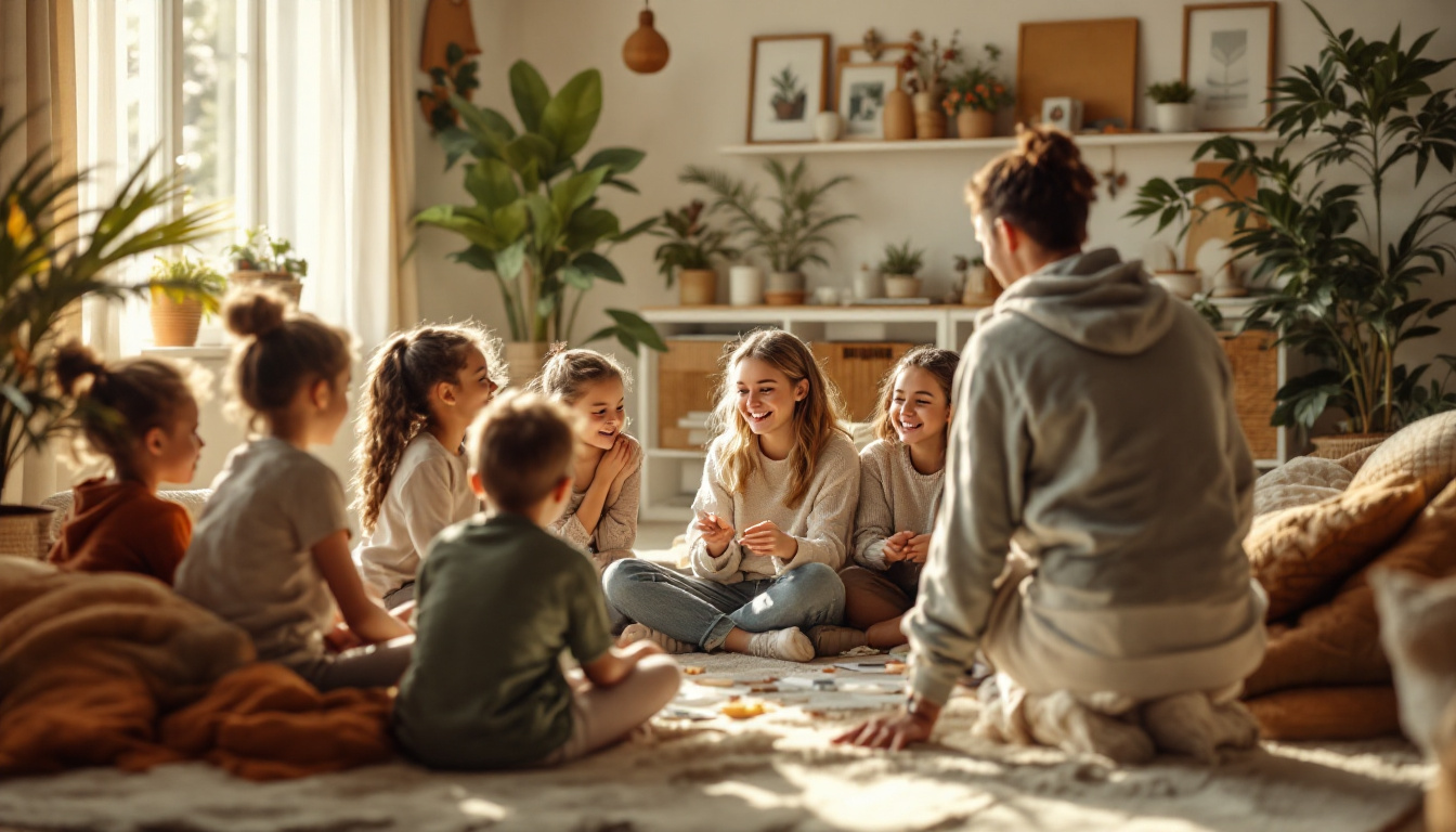 Mixed-age group of students seated in a circle in a community room, parent facilitator nearby, warm natural light