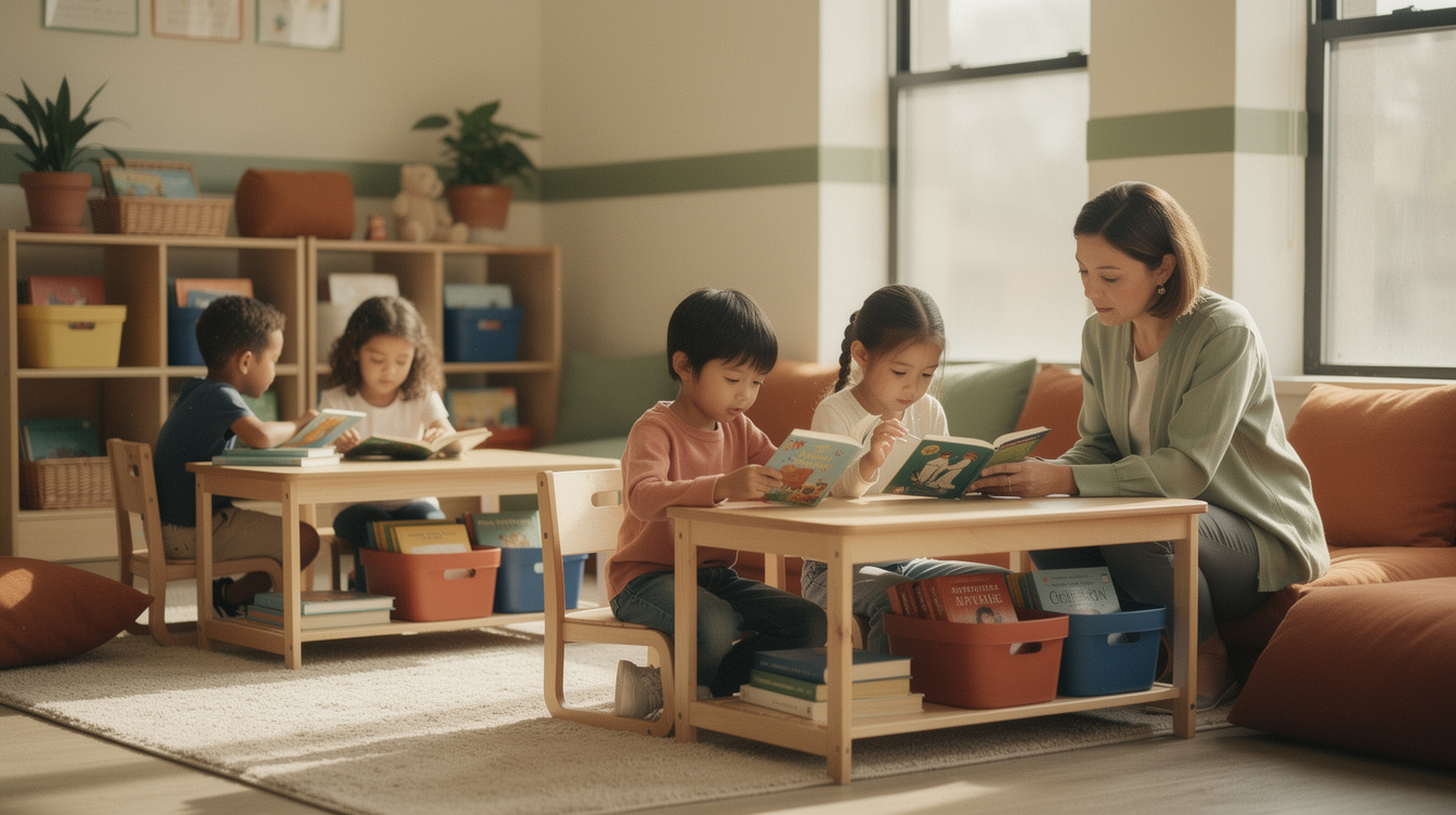 Small groups of students reading different books at separate tables in a classroom, warm natural light, cream and sage tones