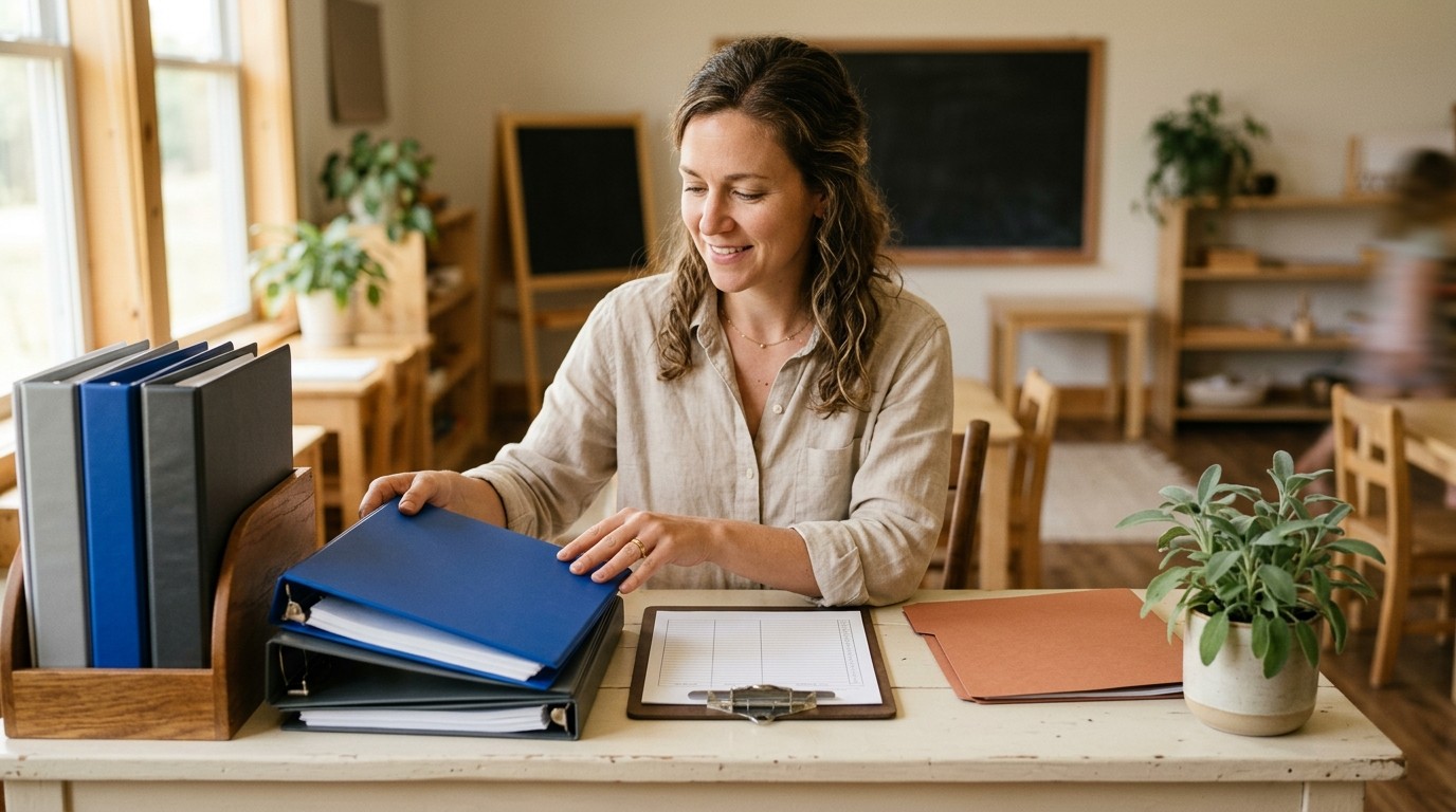 Founder-teacher organizing enrollment binders and a small class roster at a cream desk, terracotta folder, warm natural light