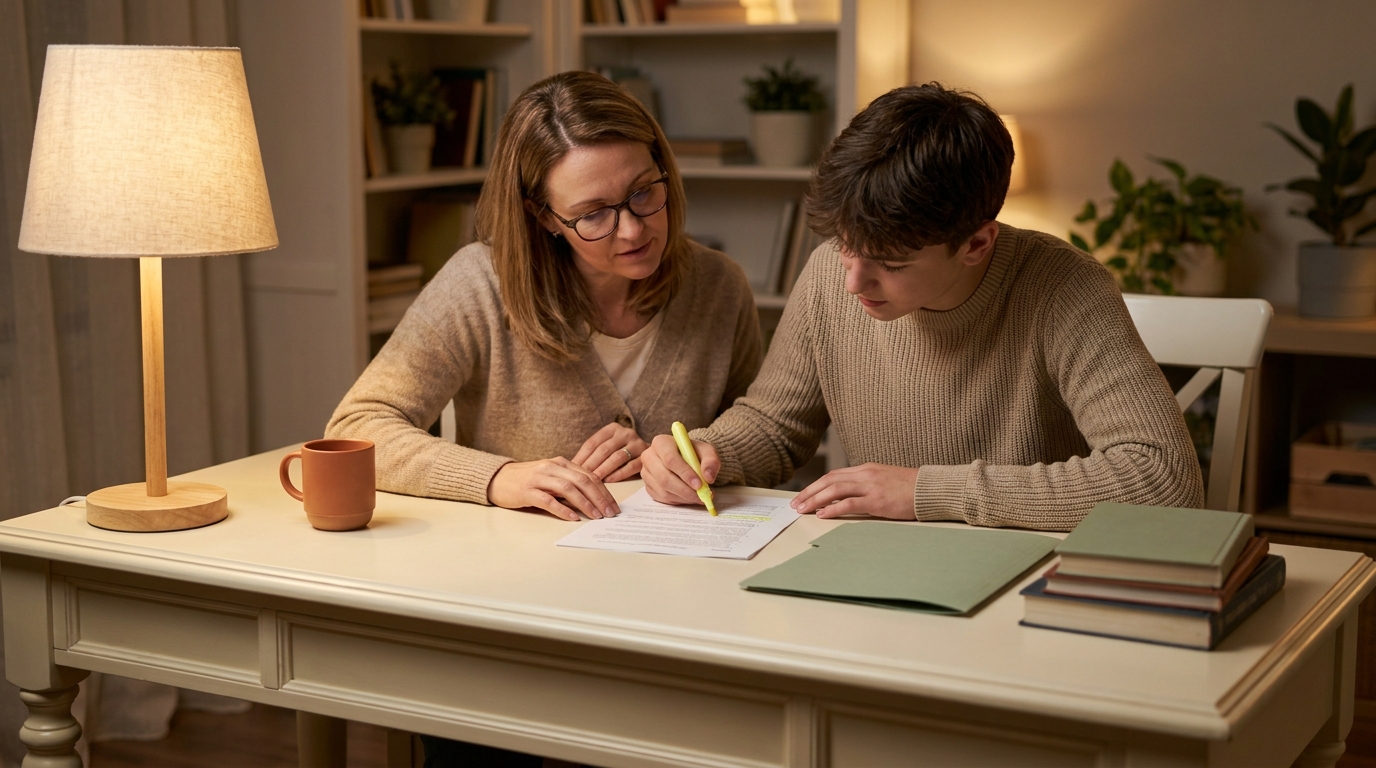 Student and teacher reviewing a study guide at a cream table, warm evening light, sage folder and highlighter