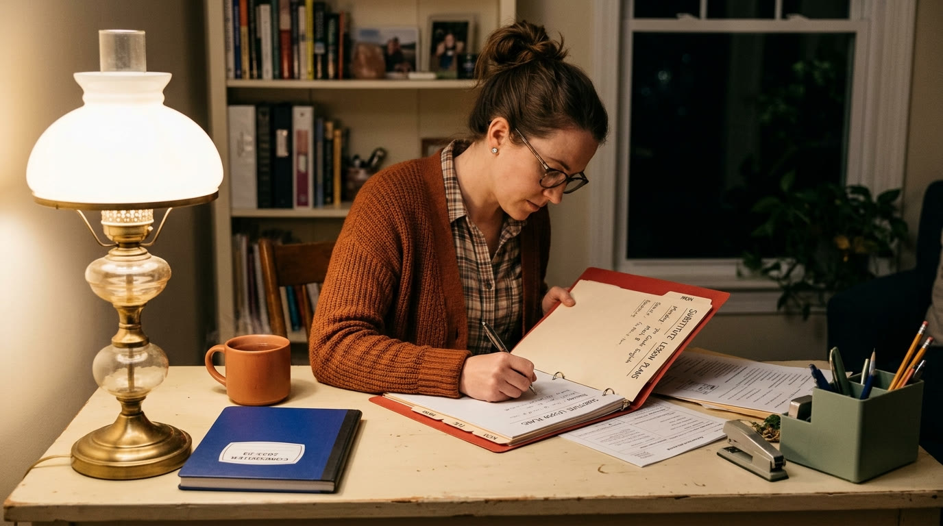 Teacher at a cream desk writing a folder of substitute lesson plans the night before an absence, terracotta mug, warm light