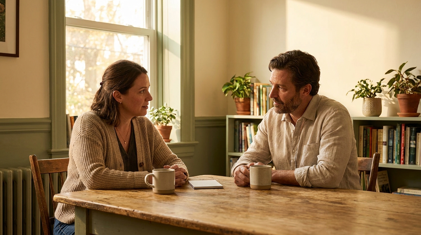 Teacher and parent in warm conversation, natural light, engaged discussion, cream interior