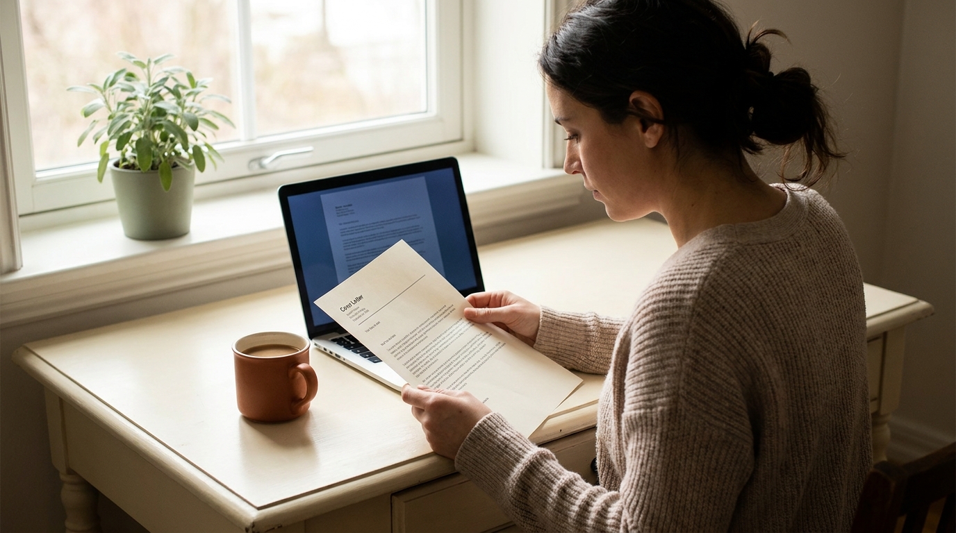 Teacher reviewing a printed cover letter and resume at a warm cream desk with a laptop, terracotta mug, morning light