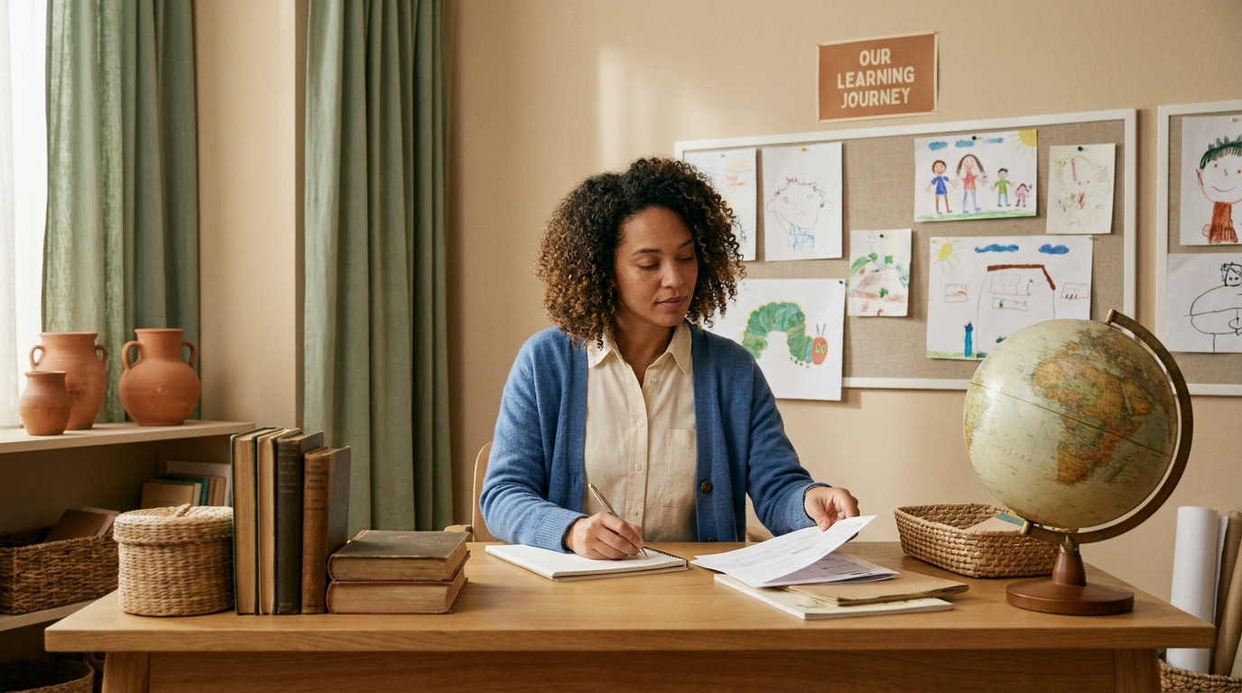 Teacher at desk preparing communications, diverse classroom materials visible, warm natural light, inclusive atmosphere