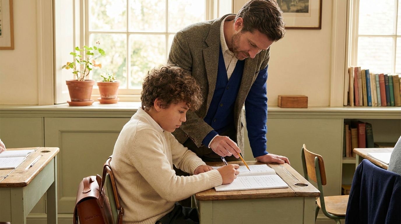 Student writing while teacher points to work, natural classroom light, teaching moment