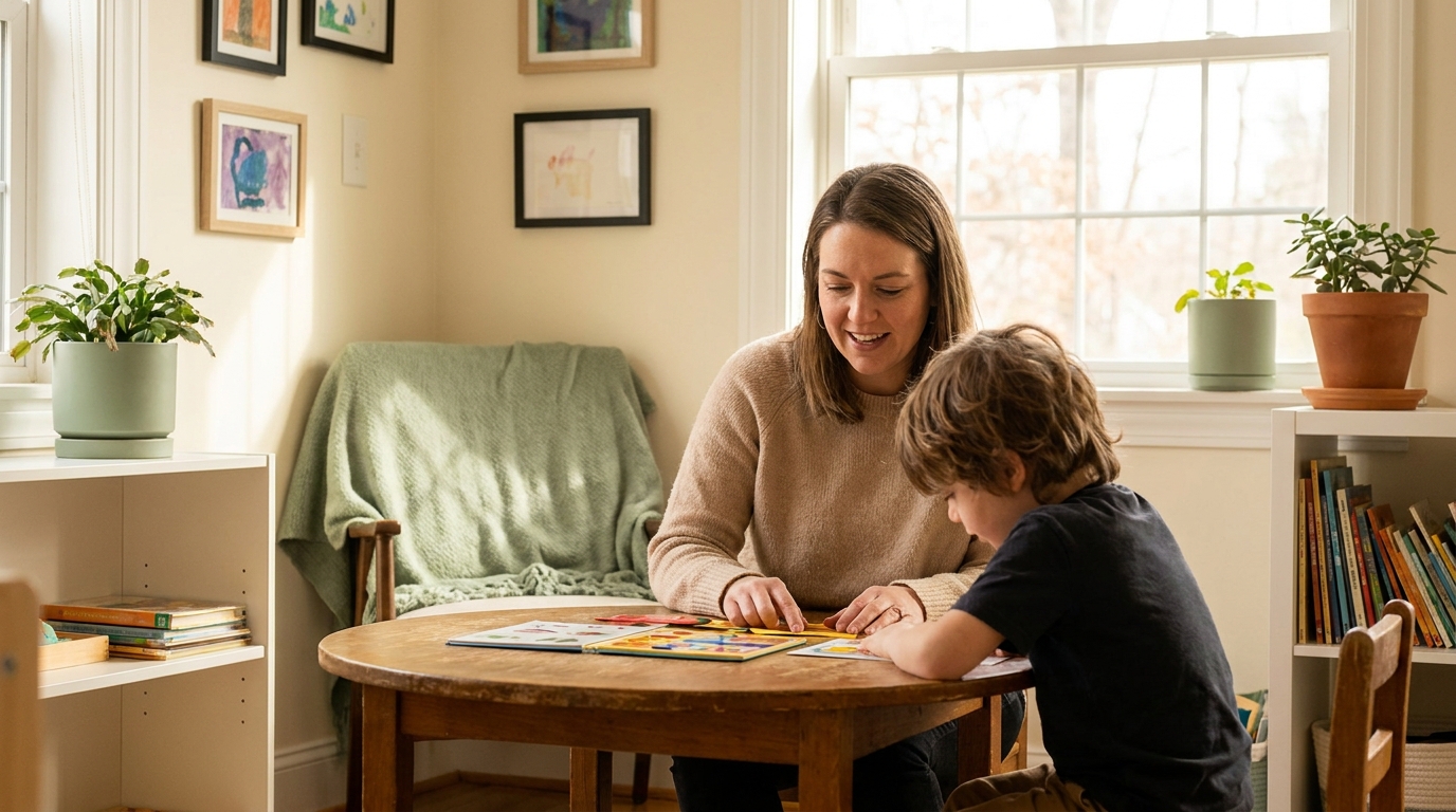 Teacher working one-on-one with a student at a small table, warm natural light, sage and cream classroom tones