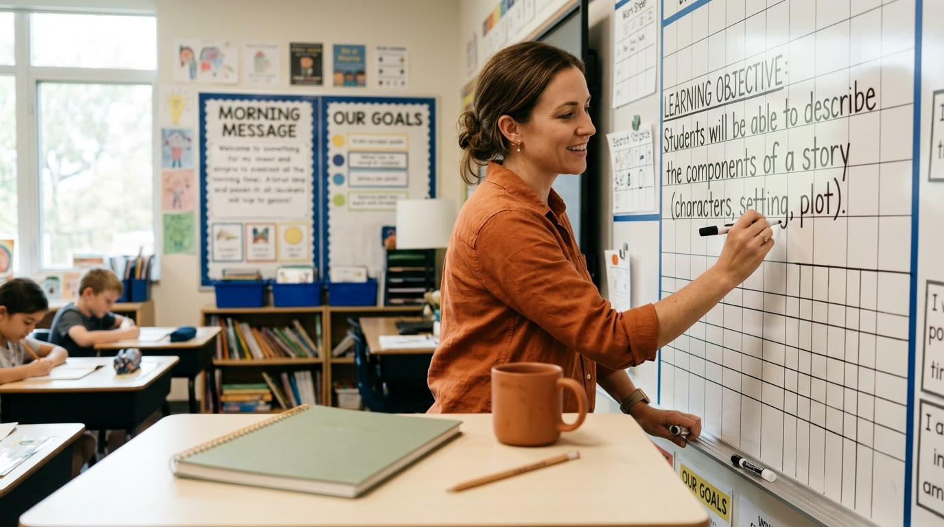 Teacher writing a learning objective on a whiteboard grid at a cream desk, sage notebook, natural morning light
