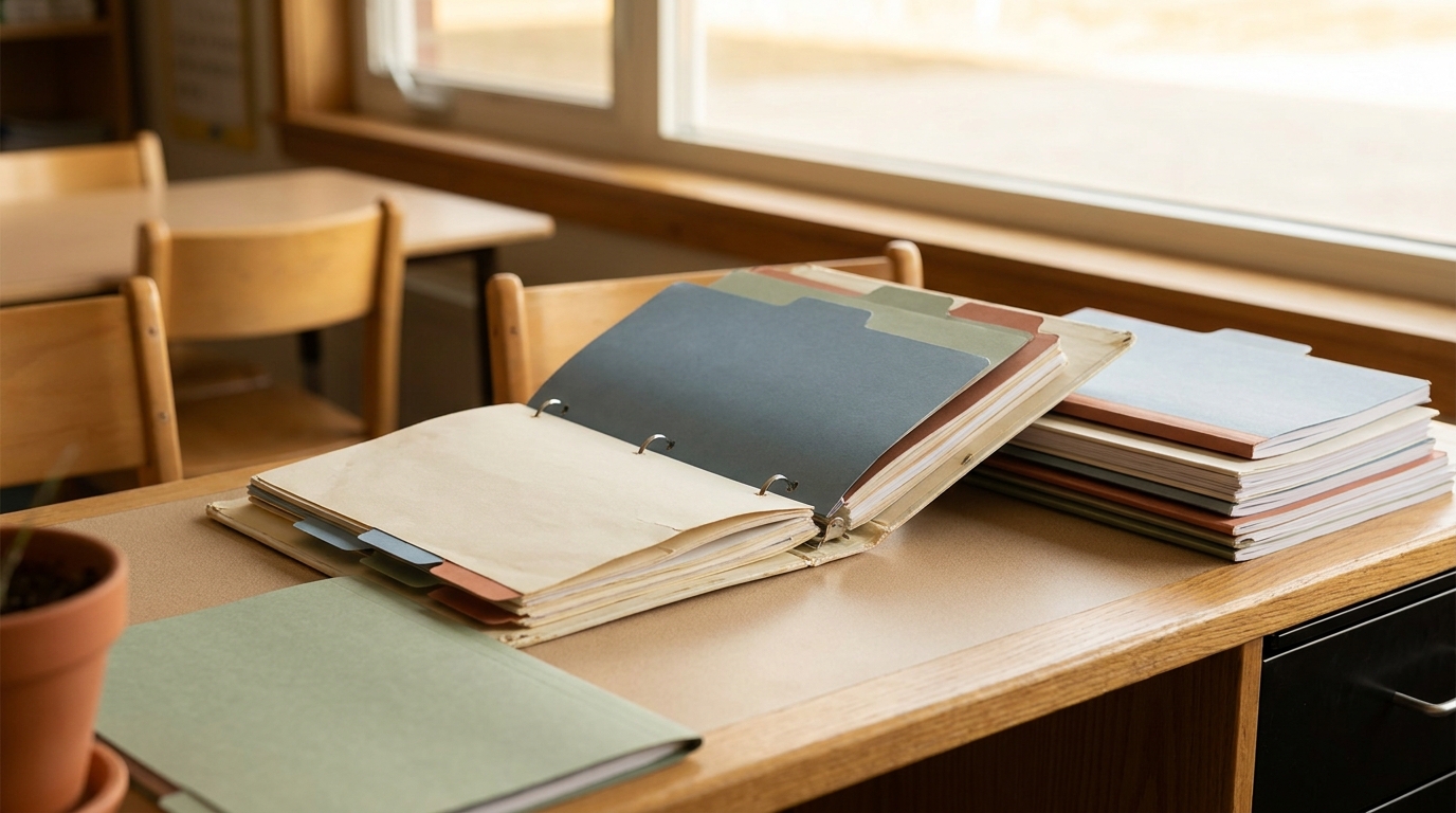 Organized classroom binder on a cream desk with tabbed sections, sage folder accents, morning light through window