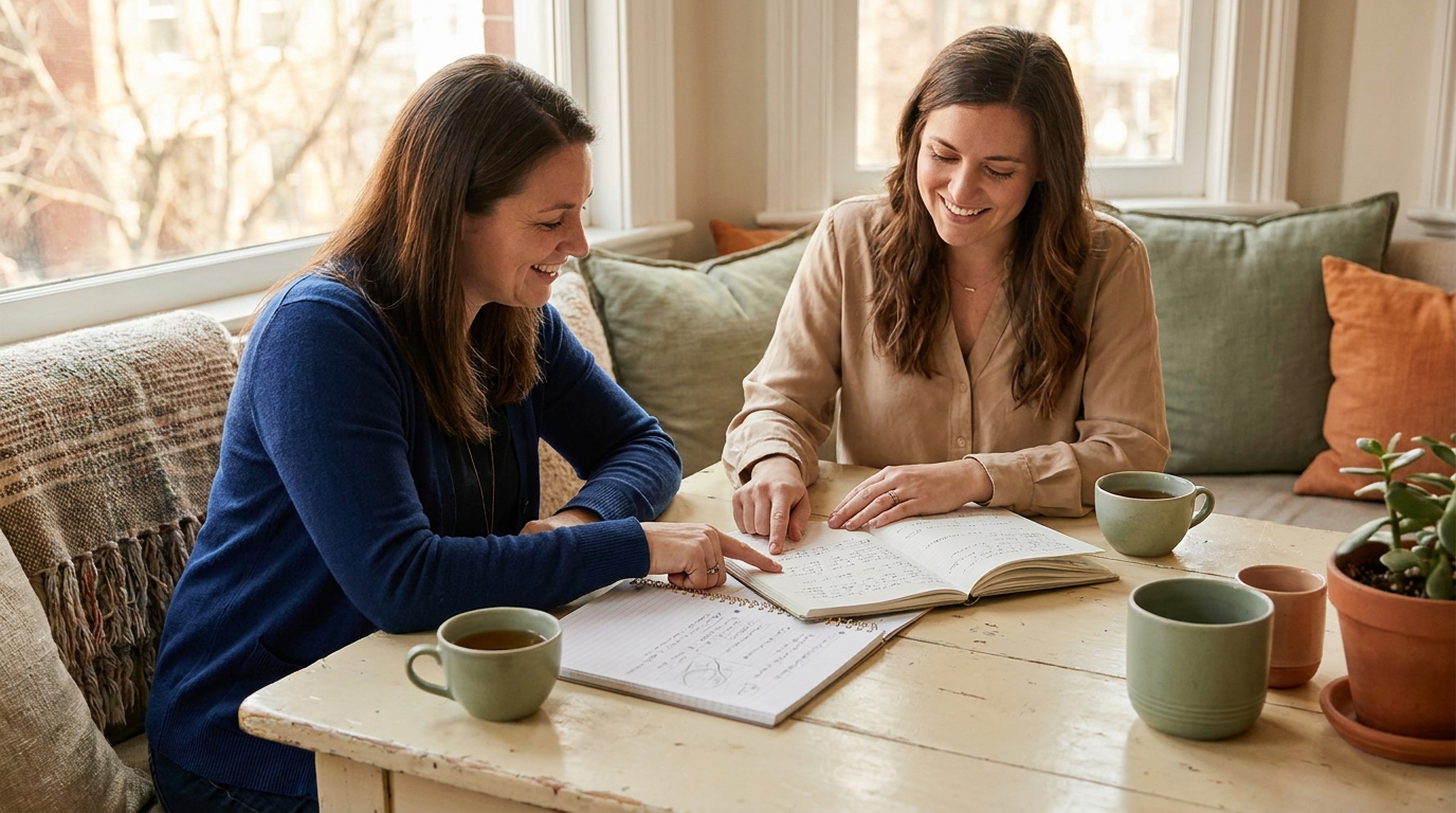 Instructional coach and teacher reviewing notes together at a cream table, warm natural light, sage accents