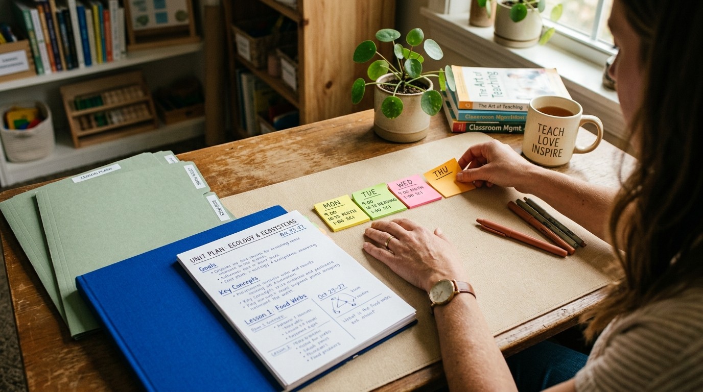 Teacher mapping a unit sequence on sticky notes across a cream desk, sage folders, warm morning light
