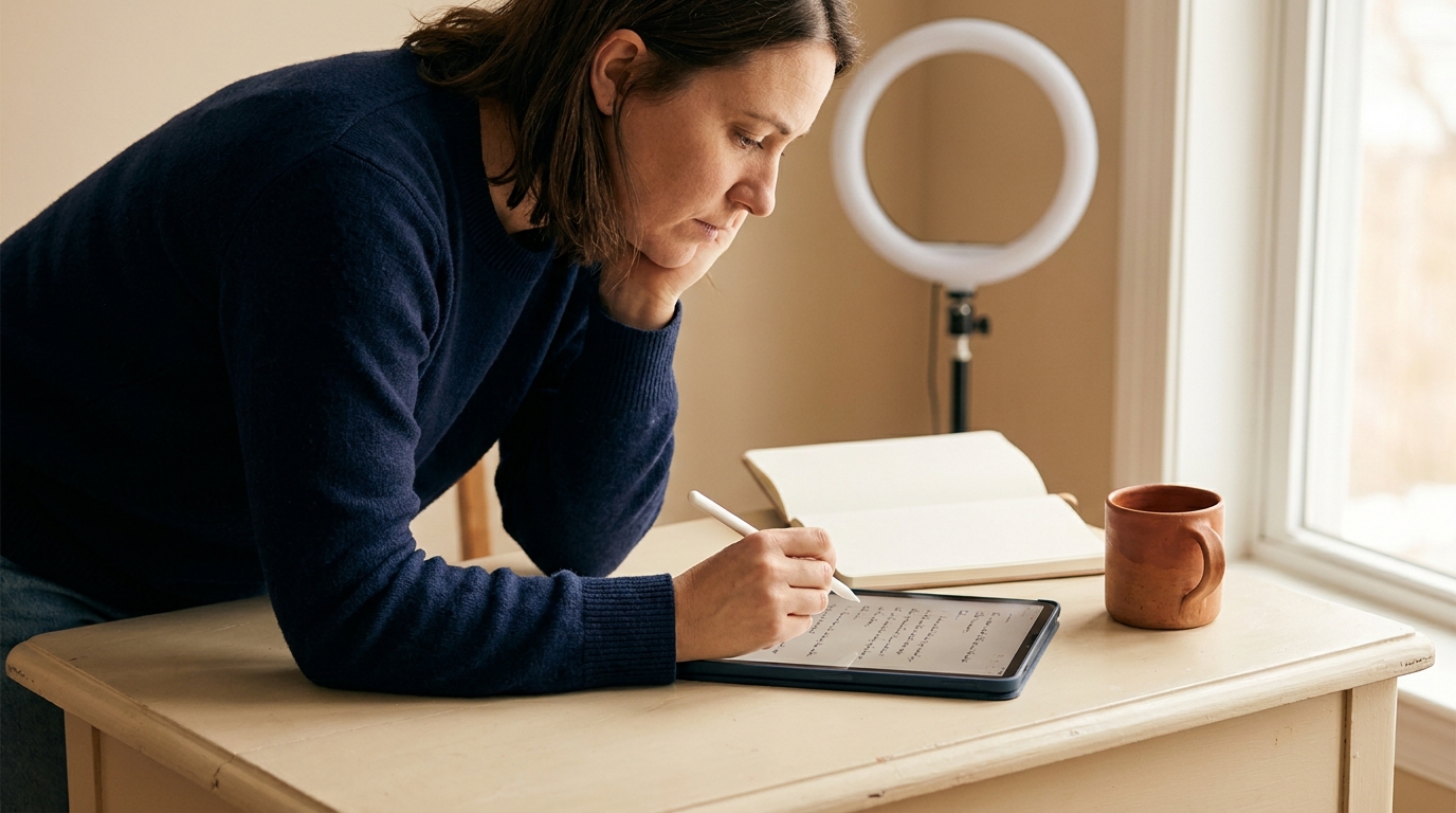 Teacher reviewing a video script on a tablet at a cream desk with a ring light and notebook, warm natural light, terracotta mug