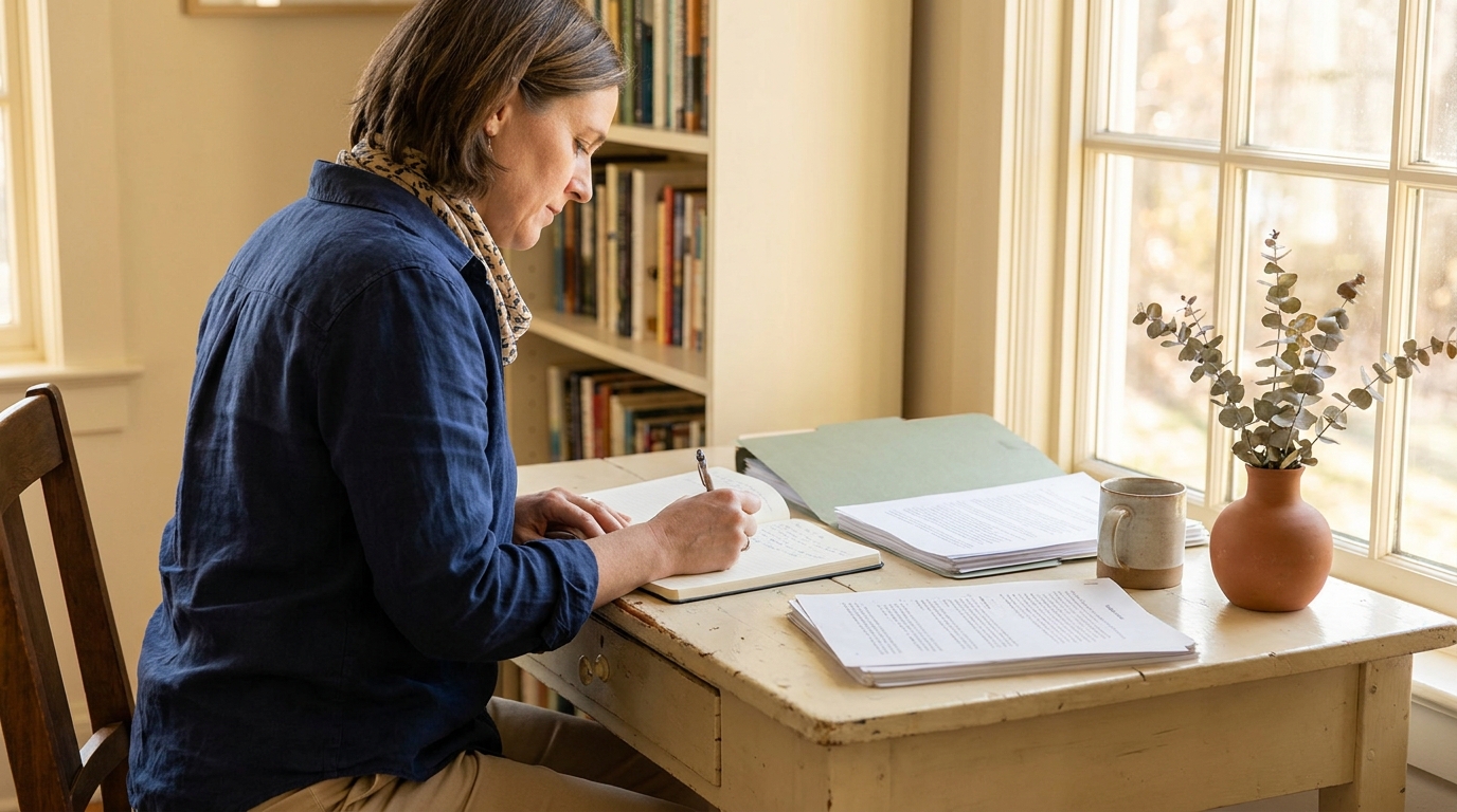 Teacher drafting a proposal outline on a laptop at a cream desk with printed classroom notes and a sage folder, warm natural light