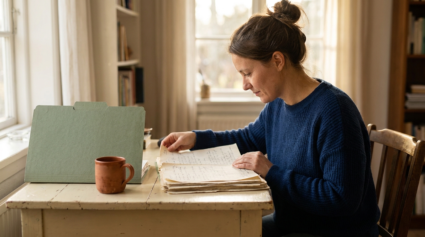 Tutor reviewing session notes and a simple pricing sheet at a cream desk, warm natural light, sage and terracotta accents