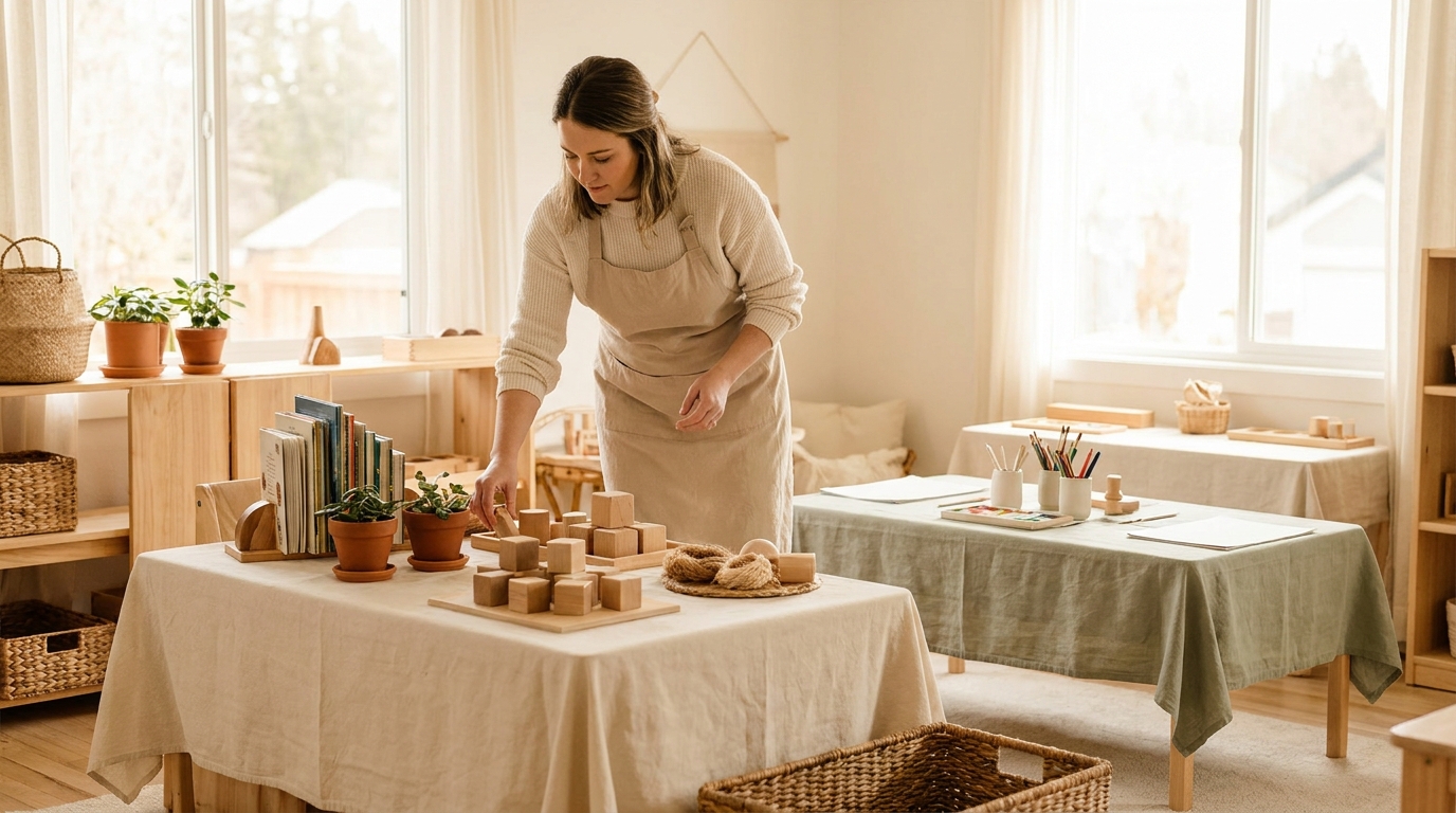 Teacher setting up varied classroom stations, cream and sage tones, natural light, multiple learning materials laid out