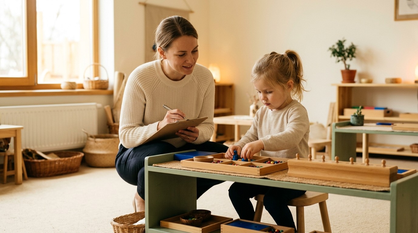 Teacher quietly observing a child at a Montessori work shelf with a clipboard, cream classroom, sage shelving, warm natural light