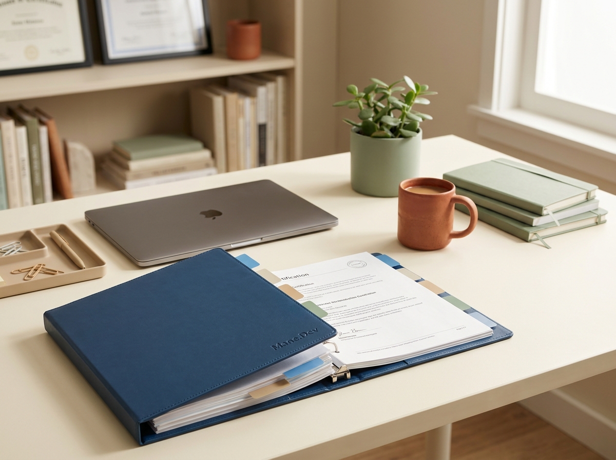 Certification portfolio binder and laptop on a cream desk, sticky tabs, warm natural light, terracotta mug