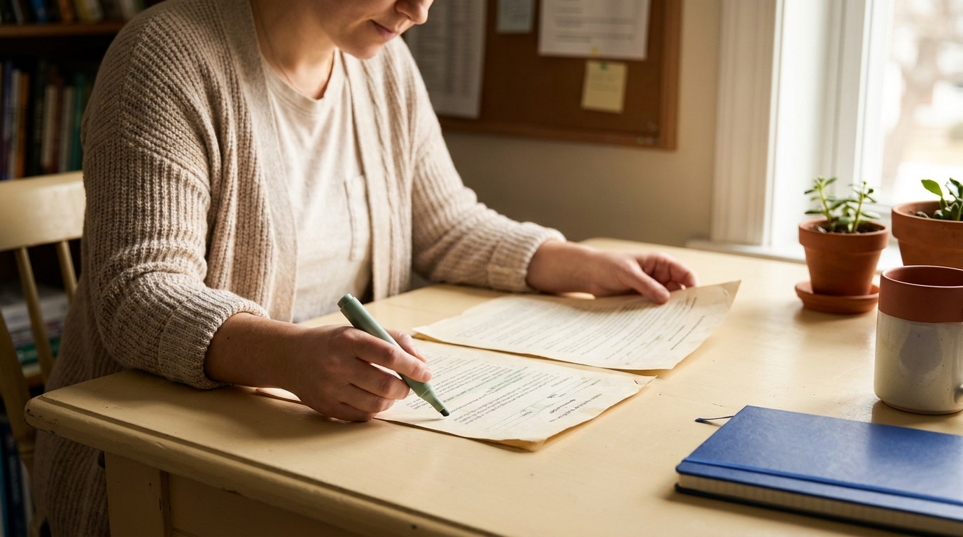 Teacher comparing two grade-level standards documents side by side on a warm cream table, sage highlighter, morning light