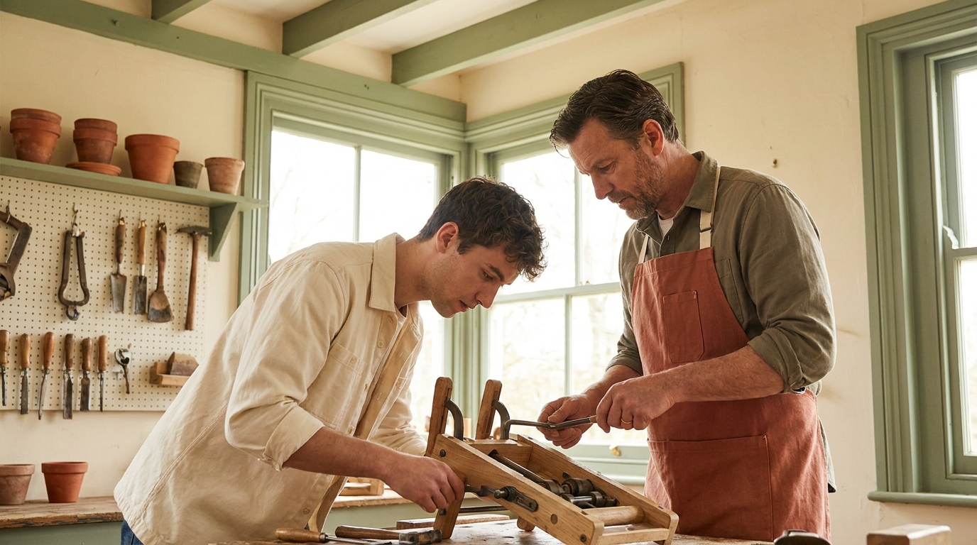 Vocational instructor and student working together on hands-on technical skill training in workshop, both focused on task, tools visible, warm natural light