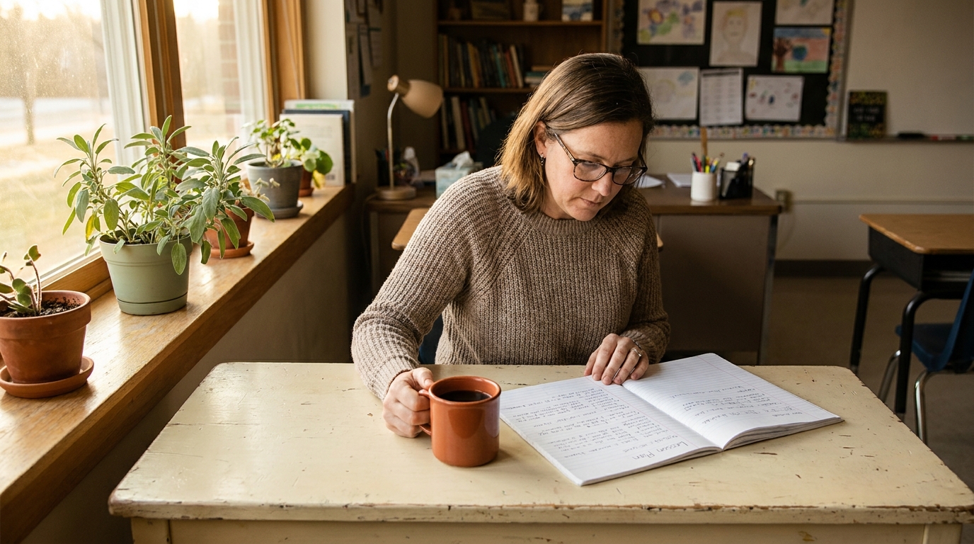 Teacher reviewing a lesson plan at a cream desk before school, calm morning light, terracotta mug