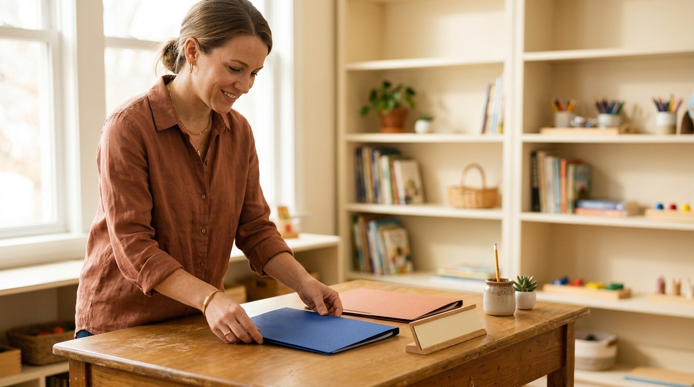 Teacher setting up a welcome folder and desk nameplate for a new student, cream classroom shelving, sage and terracotta accents, natural light
