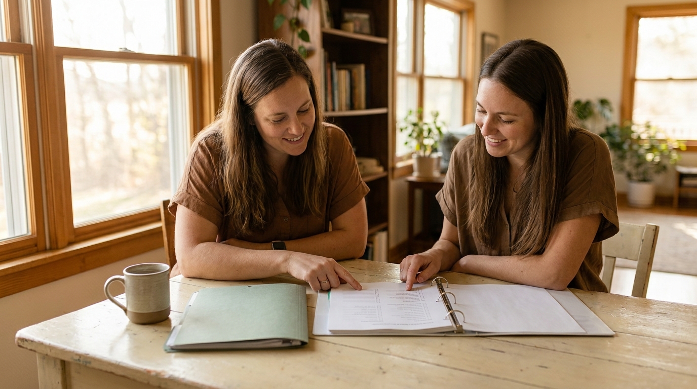 Two teachers reviewing a printed onboarding checklist together at a cream table, sage folder and coffee mug, natural light
