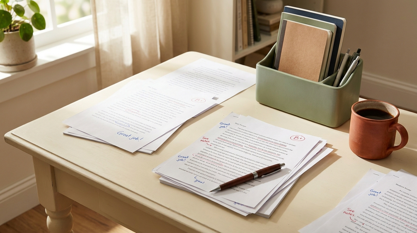 Teacher's desk with graded student work and handwritten feedback comments, pen poised over papers, warm cream desk with thoughtful expression