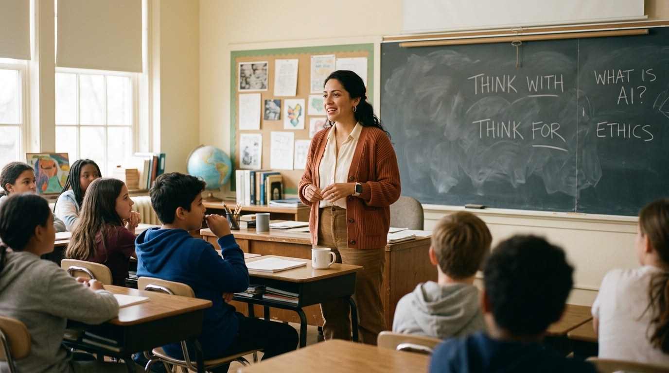 Teacher standing at the front of a warm classroom speaking to students, chalk notes about AI on the board