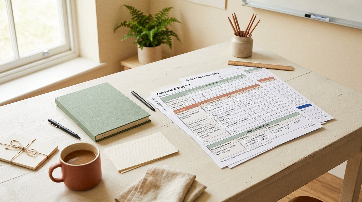 Teacher reviewing a test blueprint grid and answer key at a cream desk, terracotta mug, natural morning light