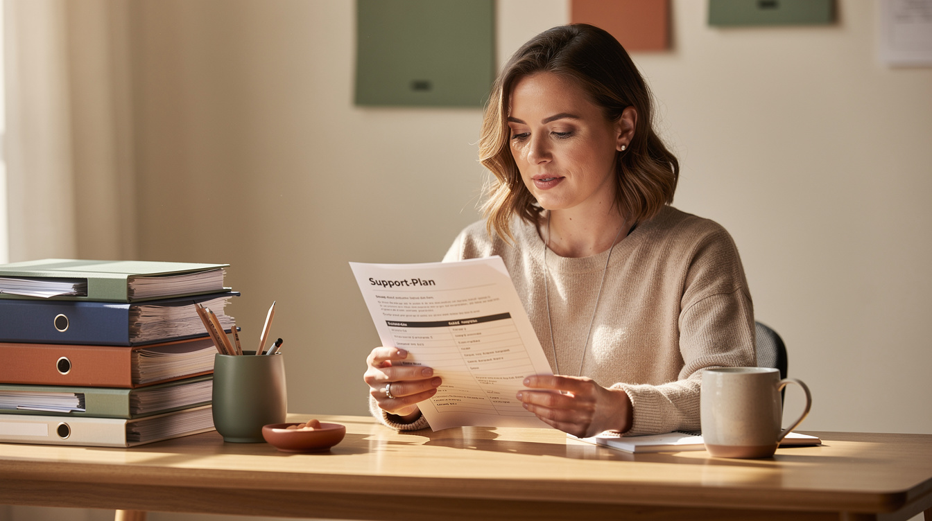 Teacher reviewing a student support plan document at a desk with folders, warm natural light, cream and sage tones