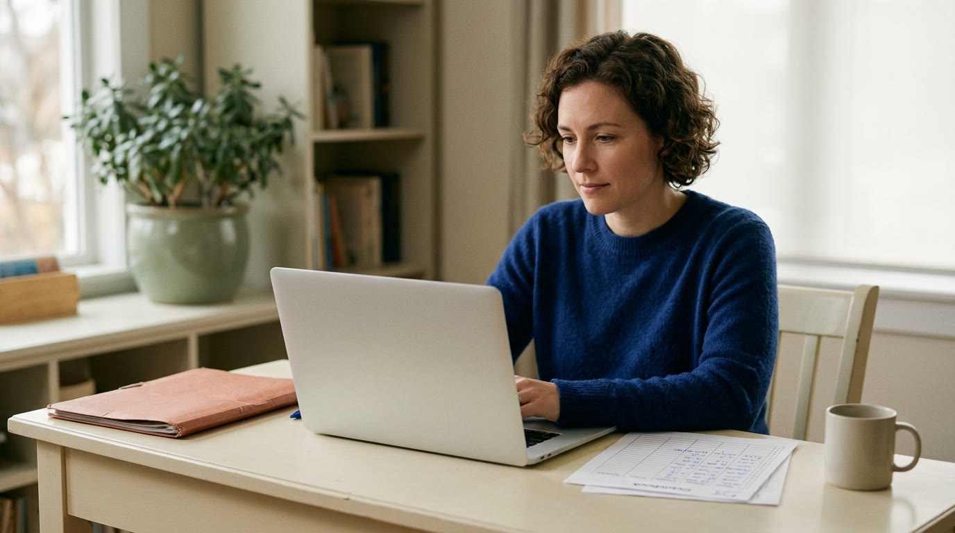 Teacher reading an email at a laptop with a gradebook printout on a cream desk, terracotta accent folder, warm light