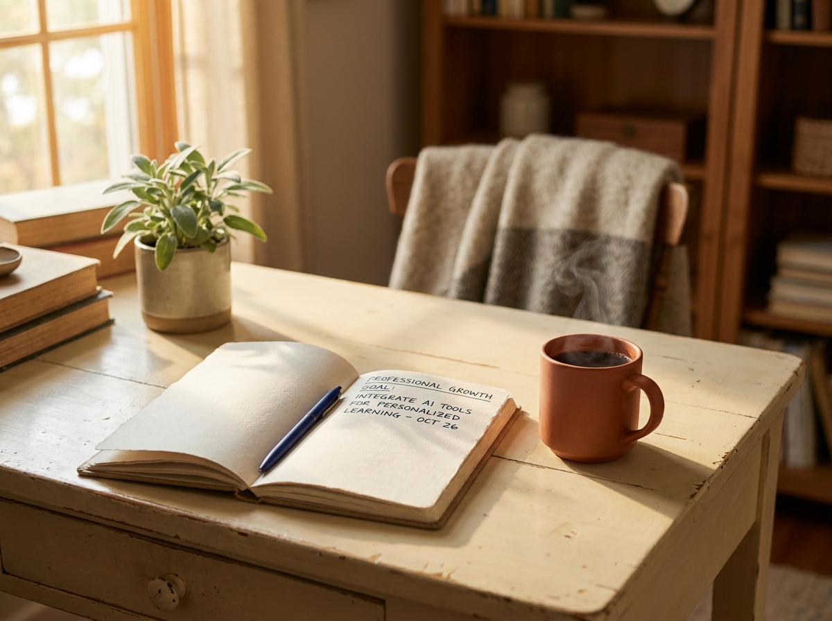 Teacher journaling a professional growth goal at a cream desk, coffee, sage plant, warm afternoon light