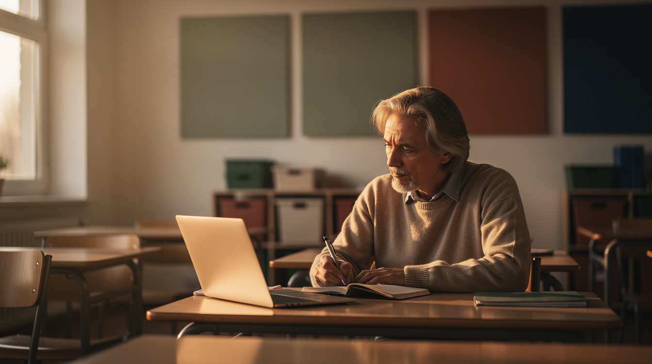 Teacher at a desk writing in a notebook beside an open laptop, warm natural light, cream and sage tones