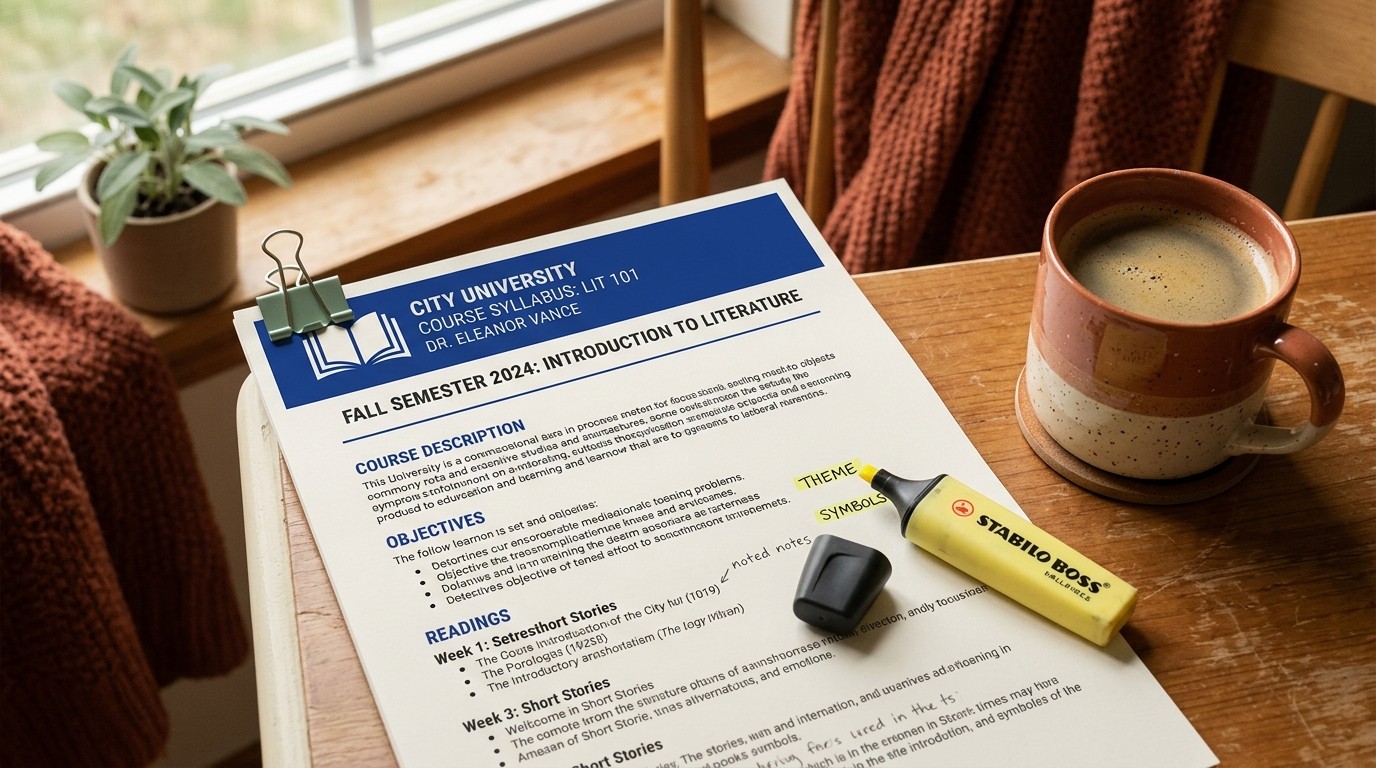 Printed course syllabus on a cream desk next to a highlighter and coffee, sage binder clip, natural light