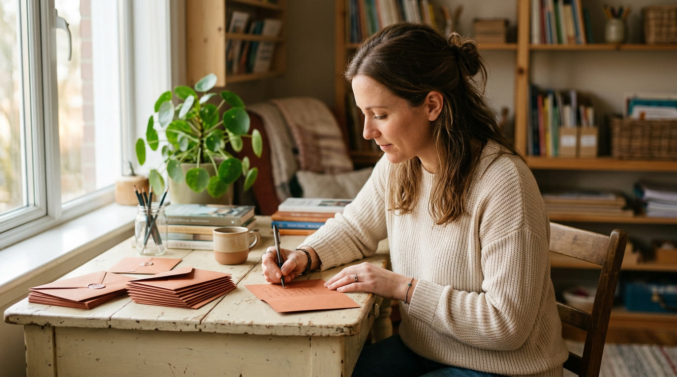 Teacher writing a handwritten thank-you note at a cream desk with terracotta card stock nearby, warm natural light